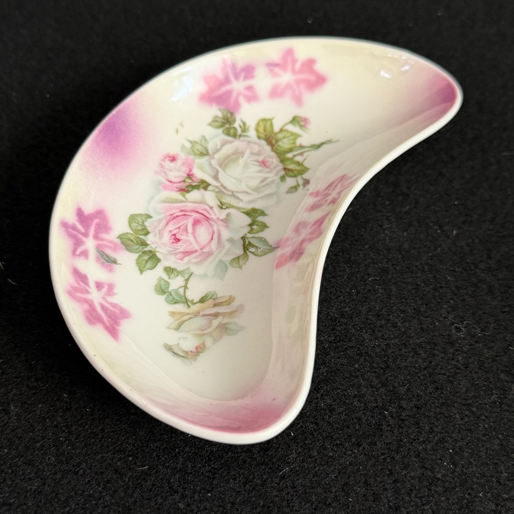 Antique German Porcelain Crescent Bone Dish Pink White Roses Floral Trinket Tray